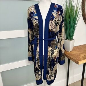 Willow & Clay Blue Cream Burn Out Velvet Floral Kimono Duster SZ L/XL Boho NWT